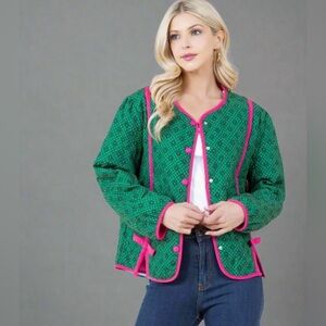 Vibrant Green Bomber Jacket with Pink Trim